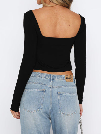 Black Vintage Square Neck Slit Long Sleeve Tee