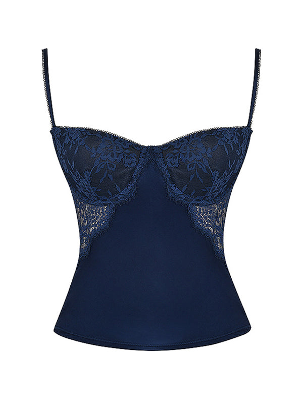 Navy Blue See Through Lace Splice Slim Corset Top