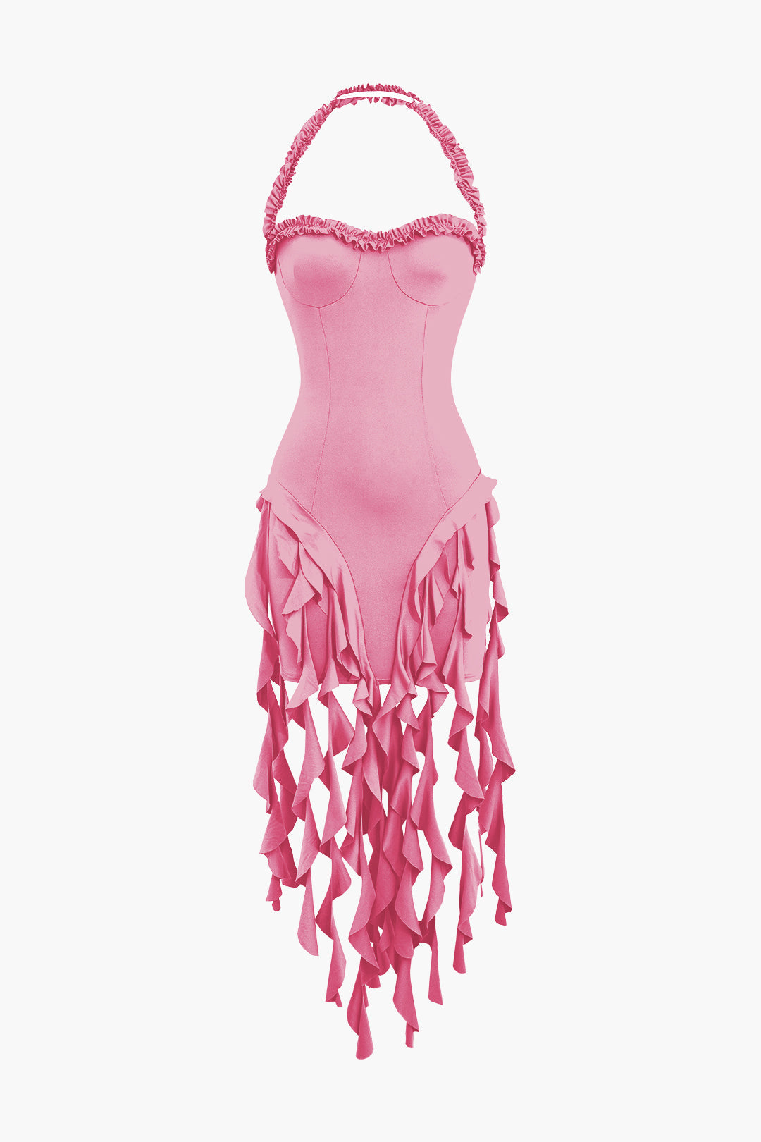 Solid Color Ruffle Tassel Halter Bustier Mini Dress