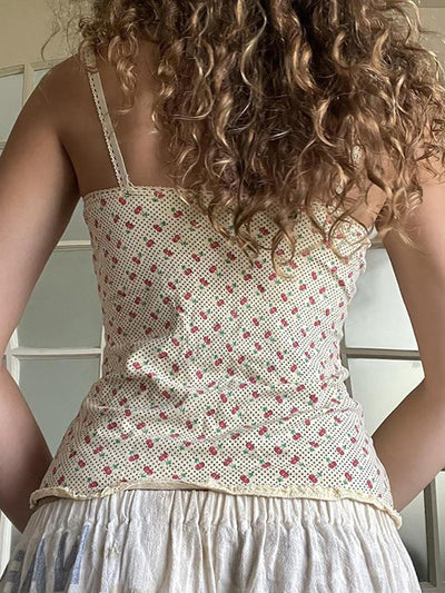 Bow Embellished Lace Tank Top with Cherry Print