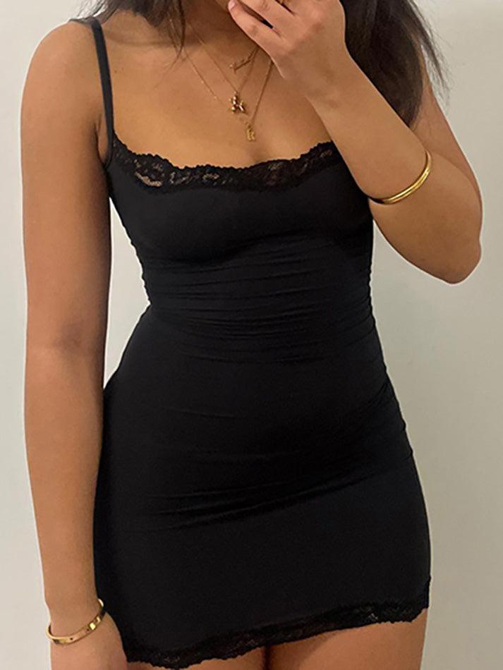 Black Spaghetti Strap Lace Trim Mini Bodycon Dress