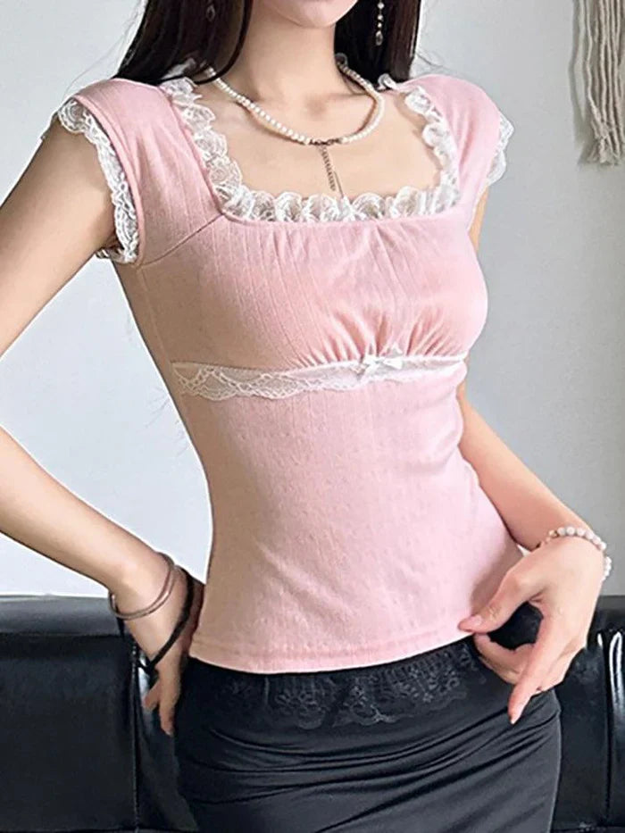 Pink Vintage Lace Trim Bow Slim Crop Top with Square Neck