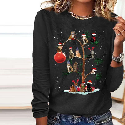 【100% Katoen】Creatief Kerst-T-Shirt Met Kattenprint