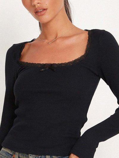 Black Classic U Neck Lace Trim Long Sleeve Knit