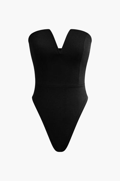 Solid Color V Neck Strapless Bodysuit