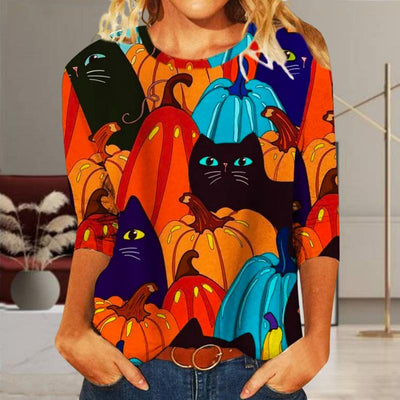 Halloween Creatief T-Shirt Met Kattenprint