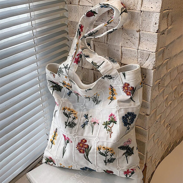 Canvas Tas Met Geborduurde Bloemen