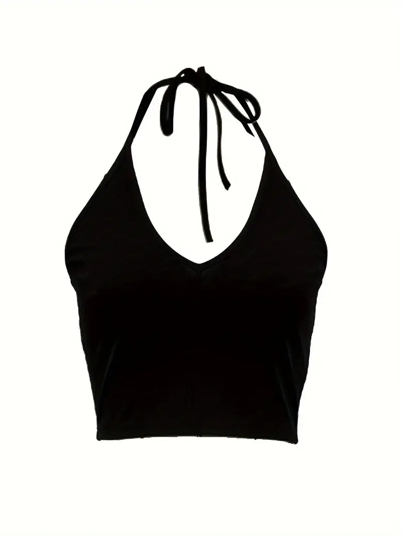 Basic Backless V Neck Halter Crop Top