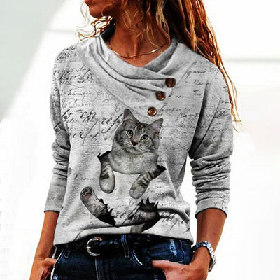 Casual Blouse Met Kattenprint