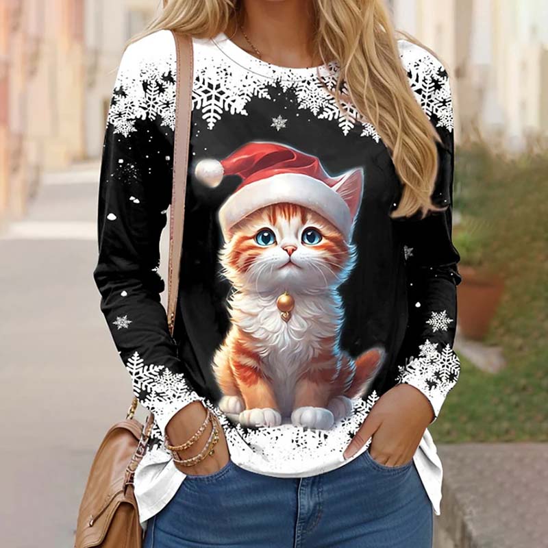 Kerst T-Shirt Met Kattenprint