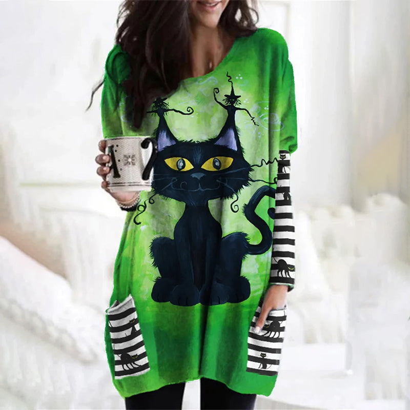 Halloween-Overhemdjurk Met Kattenprint