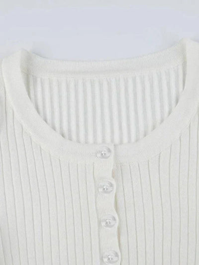 White Vintage Breasted Ribbed Long Sleeve Knit