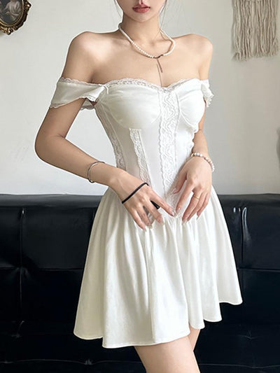 White French Plain Lace Trim Mini A Line Corset Dress