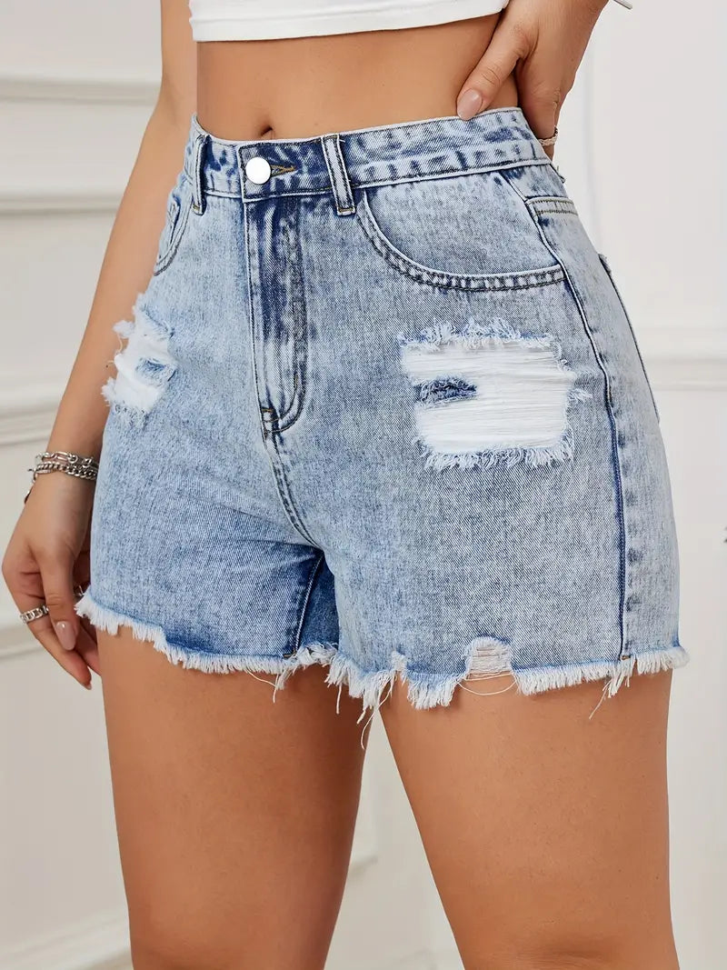 Retro Ripped Raw Hem Washed Denim Shorts