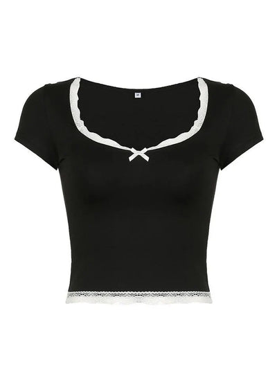 Vintage Bow Lace Trim Slim Crop Top with V Neck