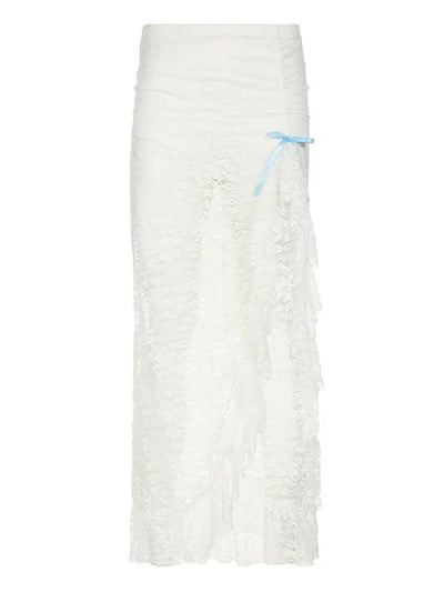 White Vintage See-Through Lace Midi Skirt