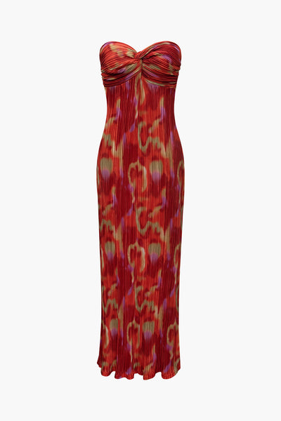 Vintage Abstract Print Plisse Strapless Slim Maxi Dress