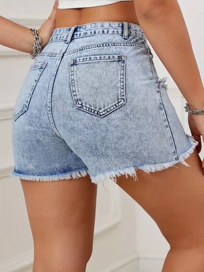 Retro Ripped Raw Hem Washed Denim Shorts