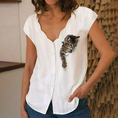 【Katoen En Linnen】3D Casual Blouse Met Kattenprint