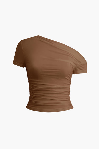 Solid Color Asymmetrical Ruched T Shirt