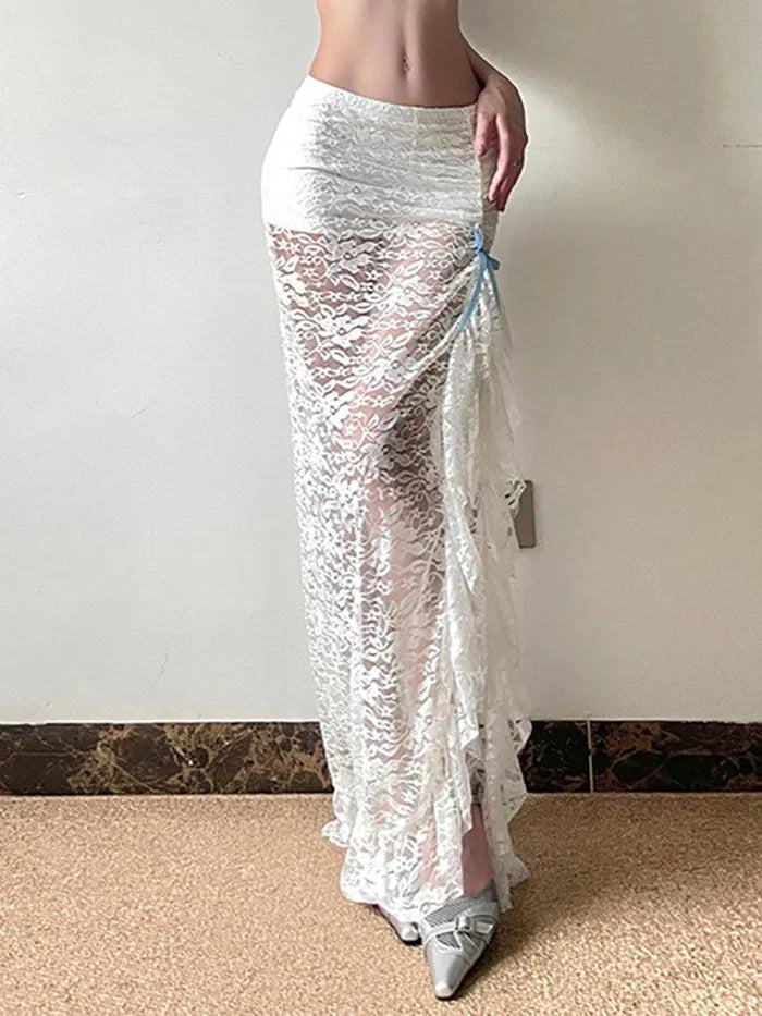 White Vintage See-Through Lace Midi Skirt