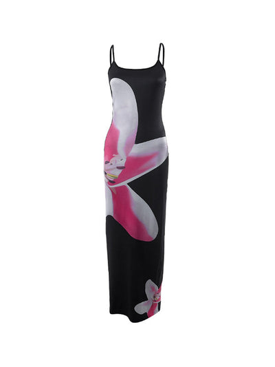 Black Bodycon Cami Maxi Dress with Flower Print