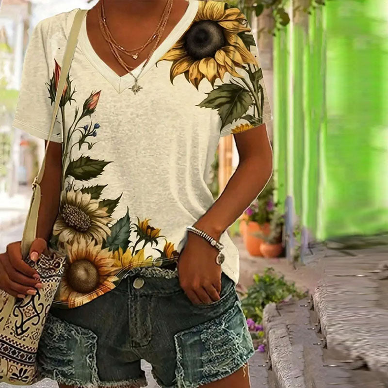 Casual T-Shirt Met Zonnebloemprint