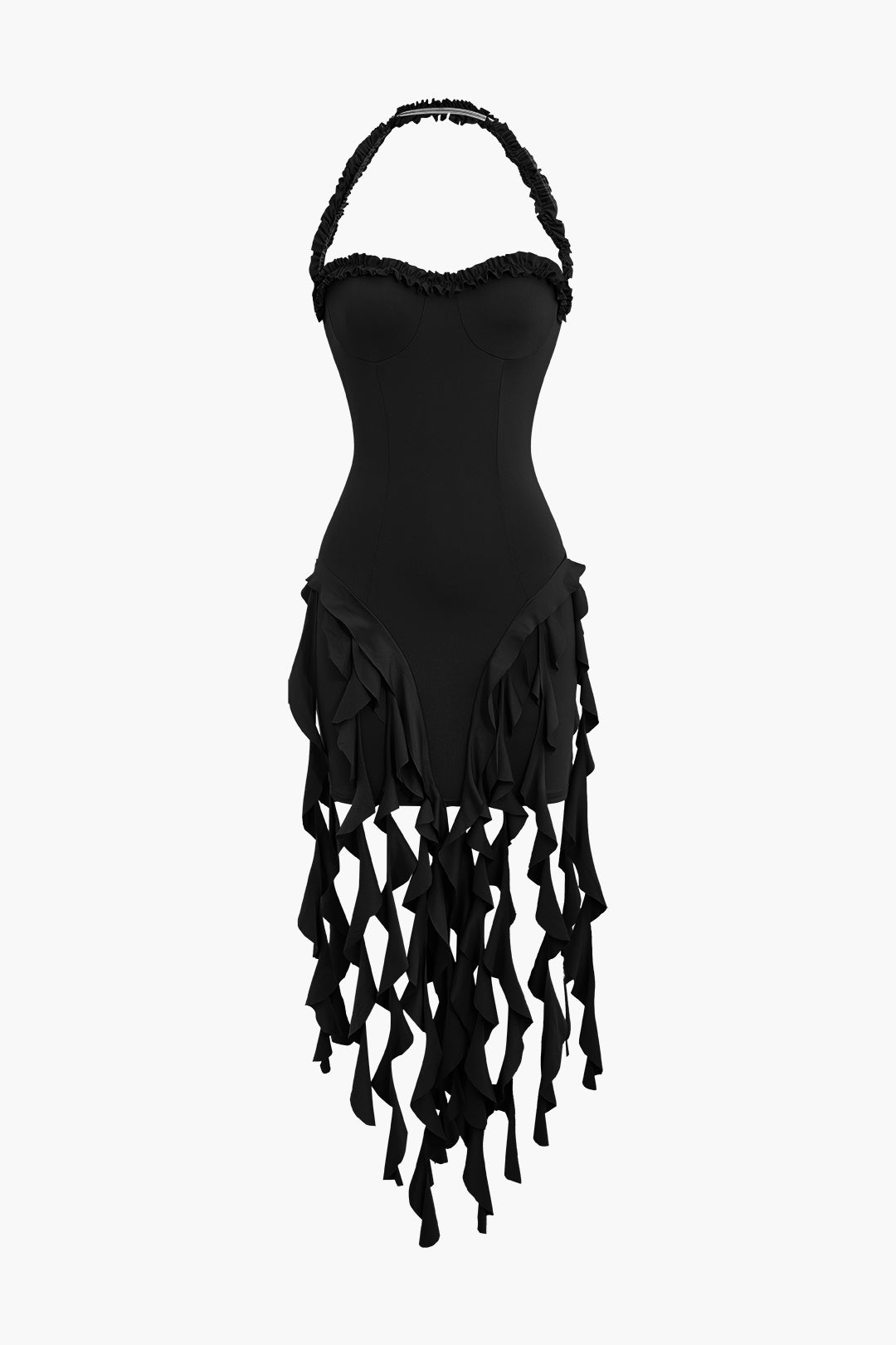 Solid Color Ruffle Tassel Halter Bustier Mini Dress