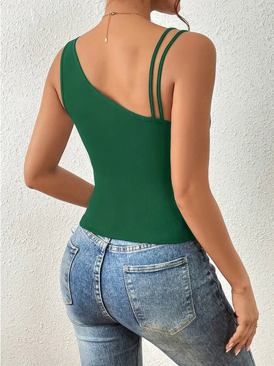 Solid Skew Neck Asymmetric Sleeveless Top