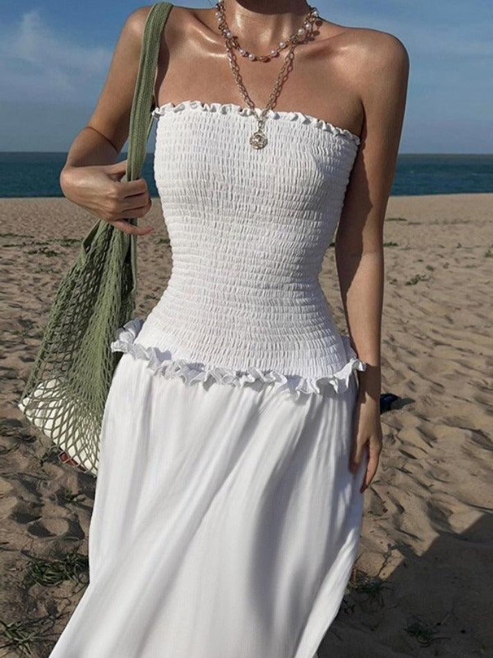 White Vintage Off Shoulder Shirred Tube Maxi Dress