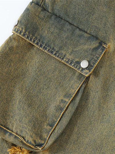 Vintage Faded Effect Cargo Jeans with Holes