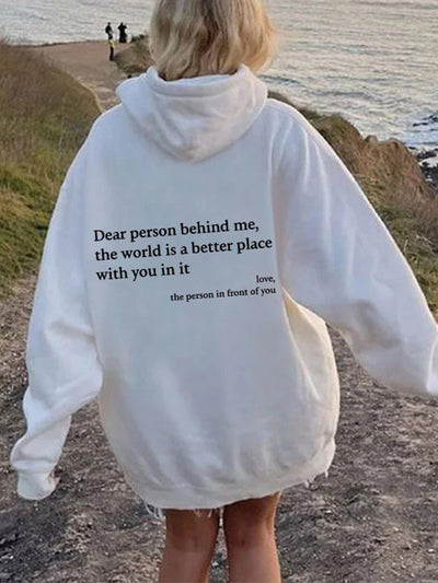 White Oversized Kangaroo Pocket Drawstring Hoodie with Letter Print