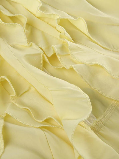 Yellow Vintage V Neck Ruffle Slit Hem Plain Top