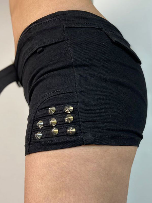 Black Punk Low Rise Belted Denim Shorts with Rivet