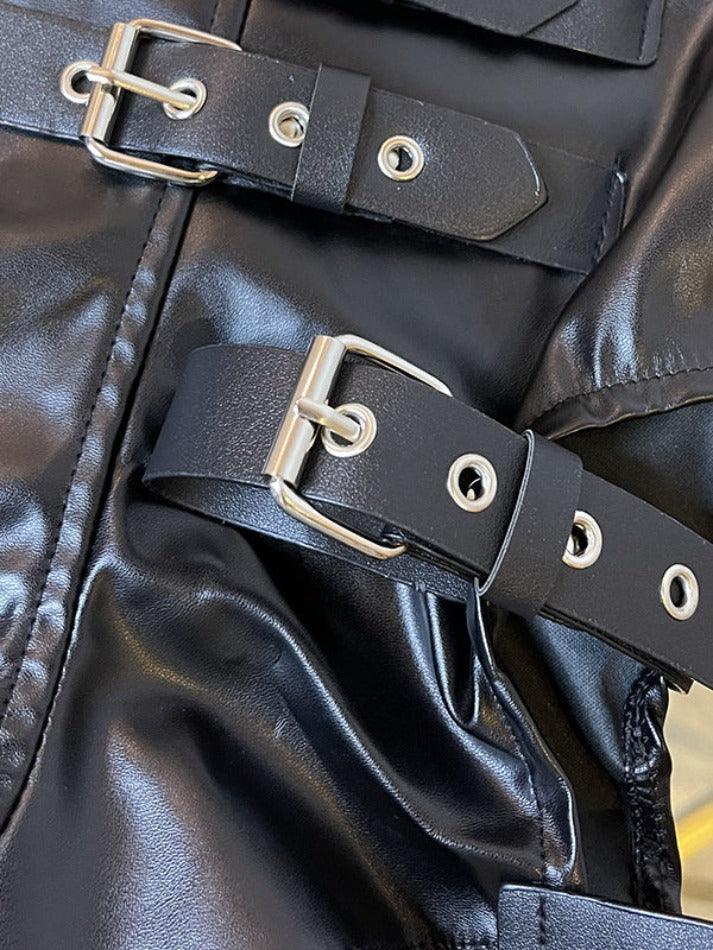 Black Punk Leather Hollow Shorts with Buckle