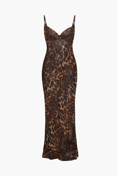 Vintage Leopard Print Draped Slim Maxi Dress