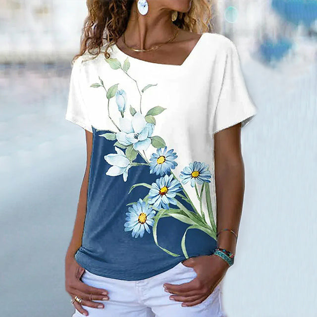 T-Shirt Met Contrasterende Bloemenprint