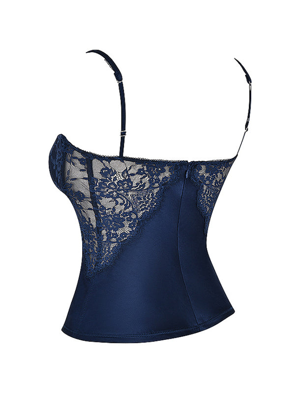 Navy Blue See Through Lace Splice Slim Corset Top