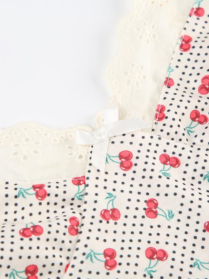 Bow Embellished Lace Tank Top with Cherry Print