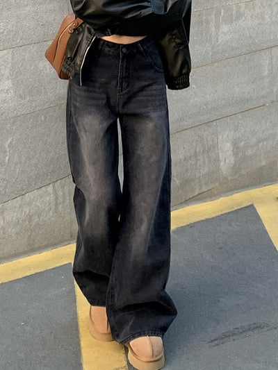 Dark Vintage Washed Effect Boyfriend Jeans with High Waist