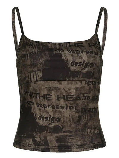 Brown Vintage Slim Cami Top with Letter Print