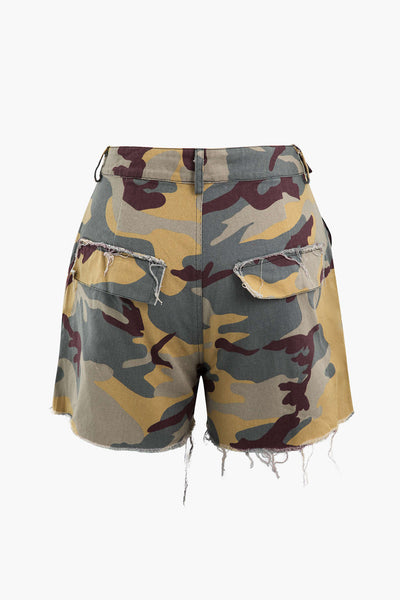 Retro Camo Destroyed Tie Up Cargo Shorts