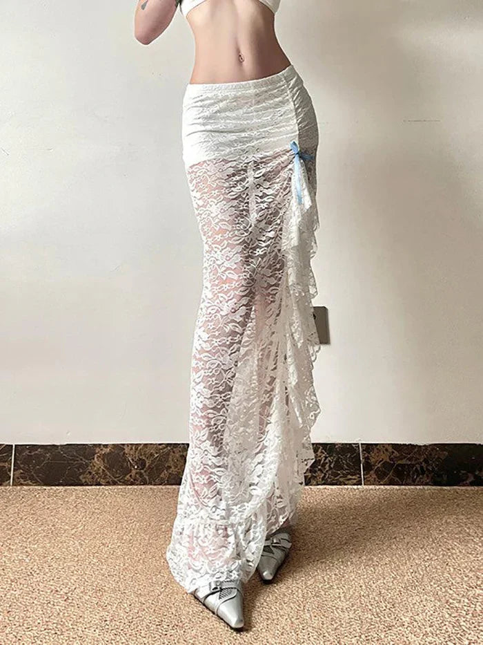 White Vintage See-Through Lace Midi Skirt