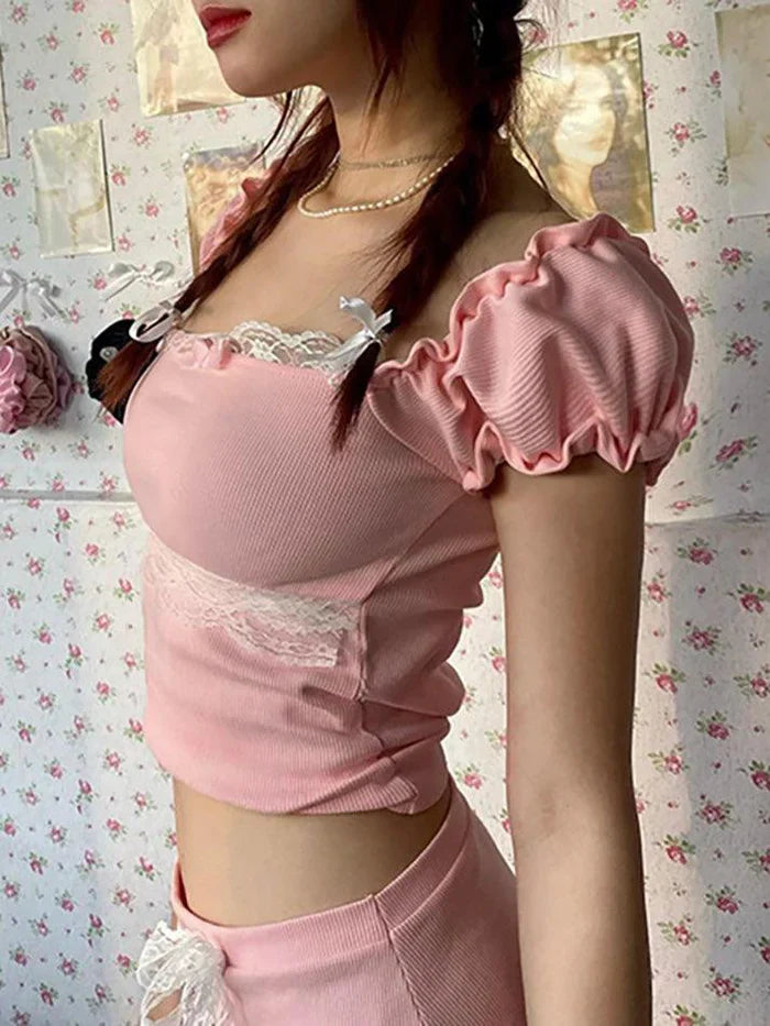 Pink Y2K Puff Sleeve Lace Trim Crop Top