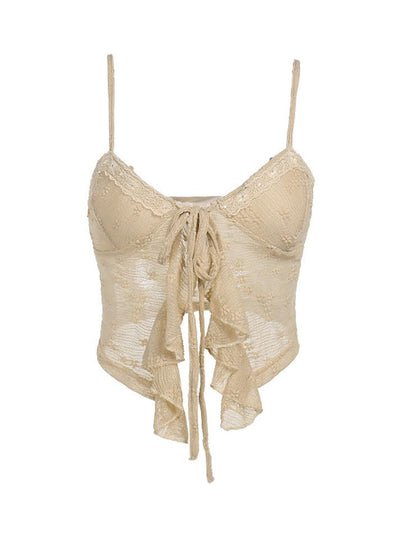 Beige Y2K Lace Ruffle Hem Knotted Knit Crop Top