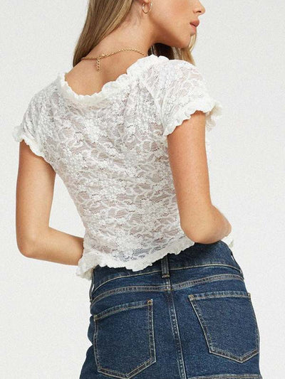 White French Lace U Neck Short Sleeve Tee