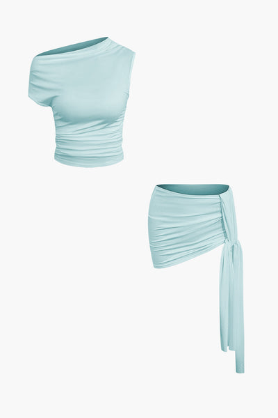 Solid Color Asymmetrical Ruched Crop Top & Tie Mini Skirt Set