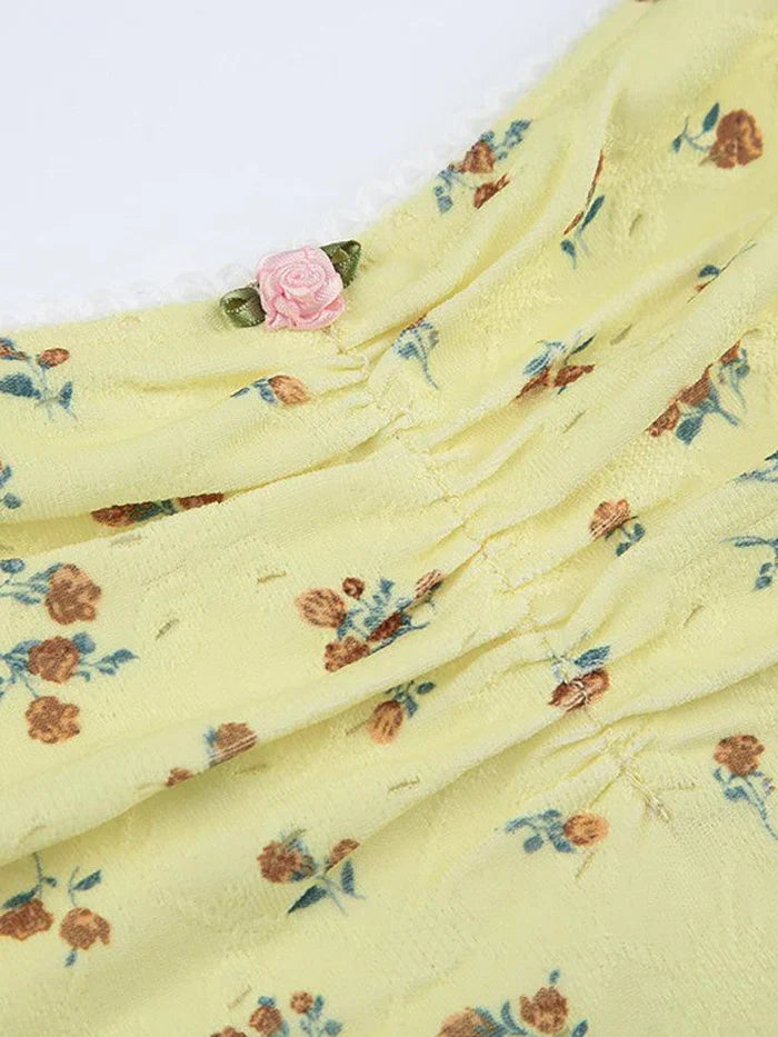 Yellow French Floral Print Ruffled Strapless Top