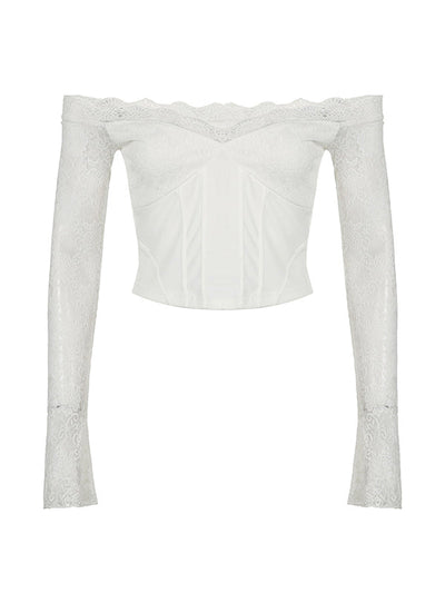 White Vintage Off The Shoulder Lace Long Sleeve Tee