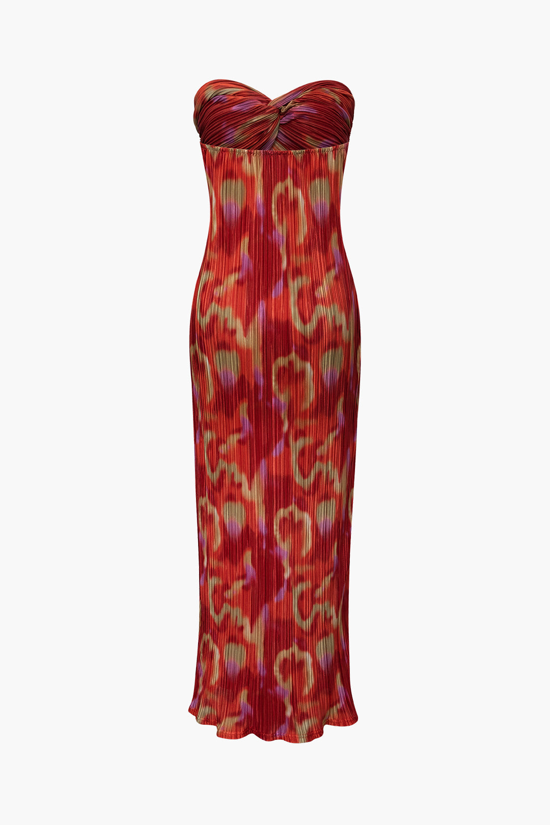 Vintage Abstract Print Plisse Strapless Slim Maxi Dress